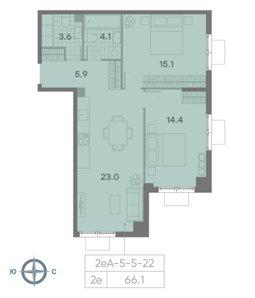 Продажа 2-комнатной квартиры 66,1 м², 19/23 этаж