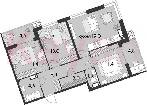 Продажа 4-комнатной квартиры 73,5 м², 12/18 этаж