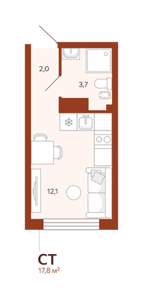 17,8 м², студия, 2/14 этаж