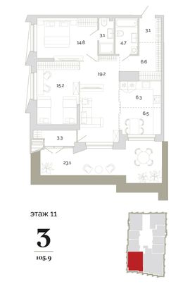 Продажа 3-комнатной квартиры 94,4 м², 11/18 этаж