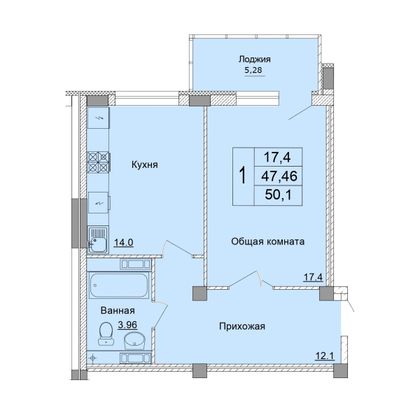 Продажа 1-комнатной квартиры 50,1 м², 1 этаж
