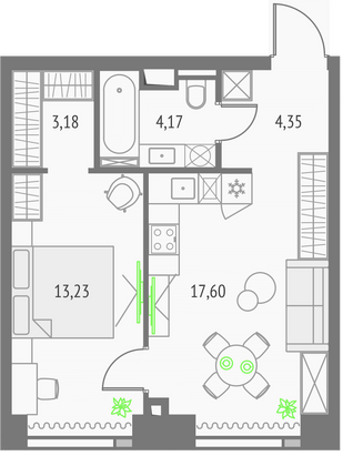 42,5 м², 1-комн. квартира, 19/57 этаж