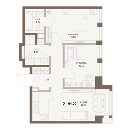 64 м², 2-комн. квартира, 8/75 этаж