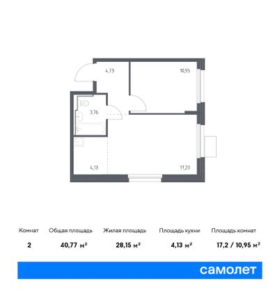 40,8 м², 2-комн. квартира, 2/11 этаж