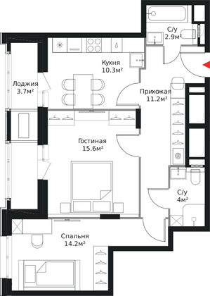 61,9 м², 2-комн. квартира, 17/17 этаж