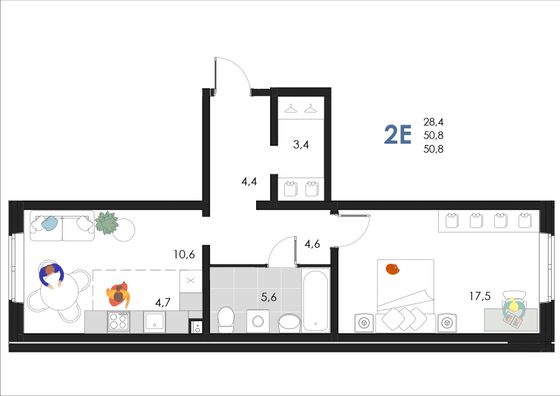 50,8 м², 2-комн. квартира, 1/6 этаж