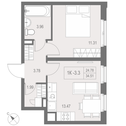 34,5 м², 1-комн. квартира, 6/17 этаж