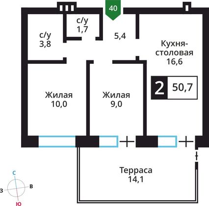 Продажа 2-комнатной квартиры 50,7 м², 1/6 этаж