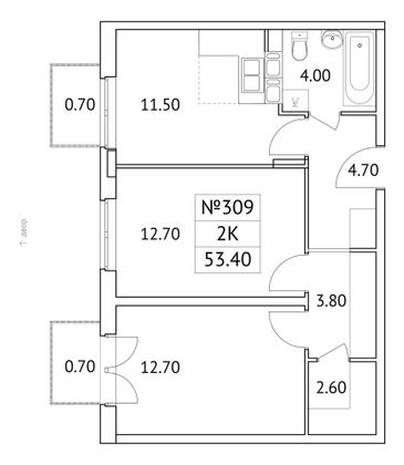 53,4 м², 2-комн. квартира, 9/11 этаж