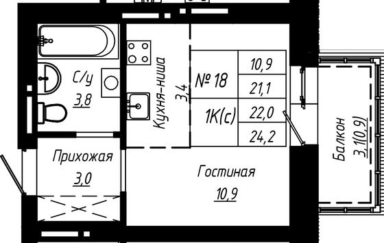 22 м², 1-комн. квартира, 2/16 этаж