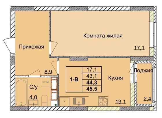 Продажа 1-комнатной квартиры 44,3 м², 12/18 этаж