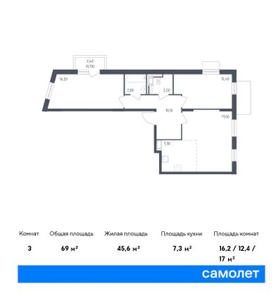 69 м², 2-комн. квартира, 7/8 этаж