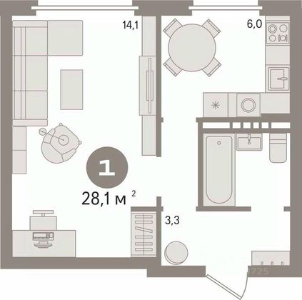 Продажа 1-комнатной квартиры 28,1 м², 1/5 этаж