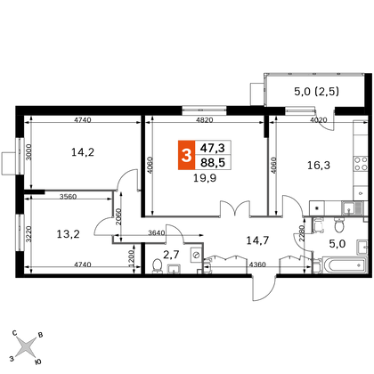 88,5 м², 3-комн. квартира, 1/22 этаж