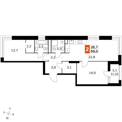 69,6 м², 3-комн. квартира, 31/44 этаж