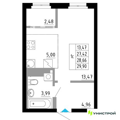 28,7 м², 1-комн. квартира, 10/27 этаж