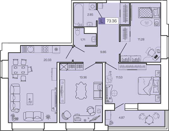 73,4 м², 3-комн. квартира, 10/16 этаж