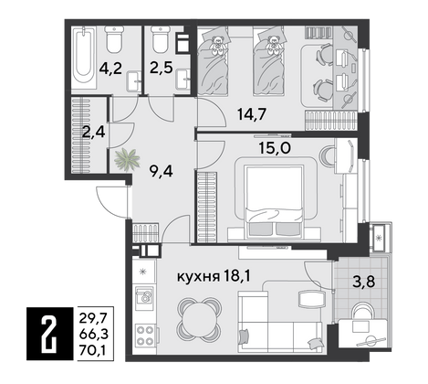 Продажа 2-комнатной квартиры 70,1 м², 4/9 этаж