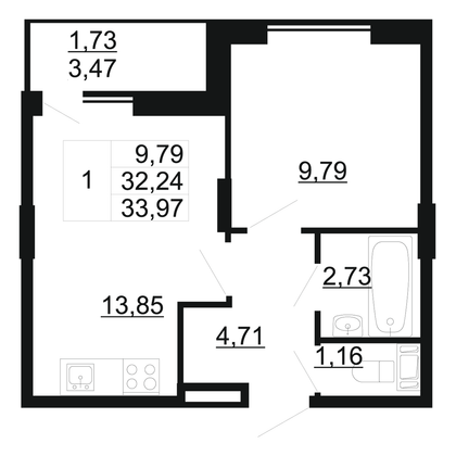 34 м², 1-комн. квартира, 3/11 этаж