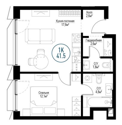 Продажа 1-комнатной квартиры 41,5 м², 6/30 этаж