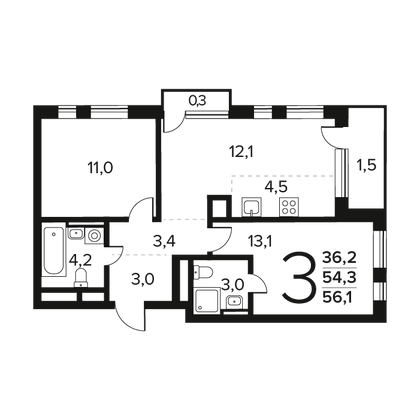 56,1 м², 3-комн. квартира, 12/12 этаж