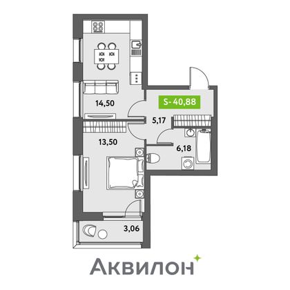 40,9 м², 1-комн. квартира, 2/12 этаж