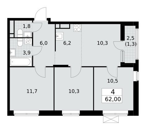 62 м², 4-комн. квартира, 9/16 этаж