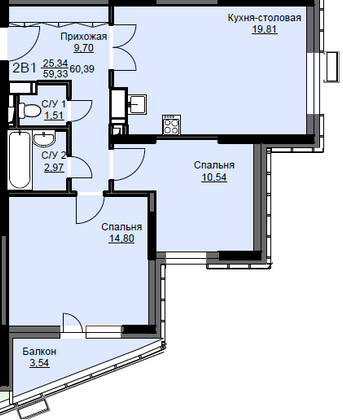 Продажа 2-комнатной квартиры 60,4 м², 16/17 этаж