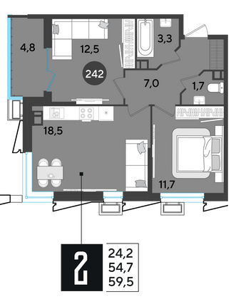 59,5 м², 2-комн. квартира, 4/9 этаж