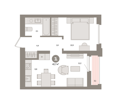 Продажа 1-комнатной квартиры 42,7 м², 3/9 этаж