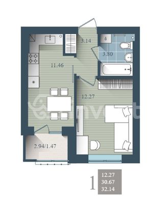 Продажа 1-комнатной квартиры 32,1 м², 1/4 этаж