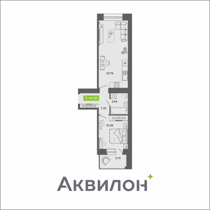 42,3 м², 1-комн. квартира, 9/11 этаж