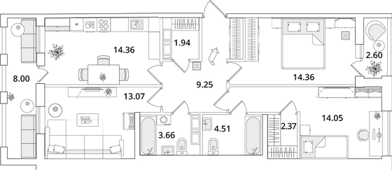 82,9 м², 3-комн. квартира, 16/16 этаж