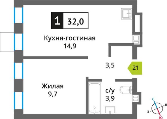 Продажа 1-комнатной квартиры 32 м², 3/9 этаж