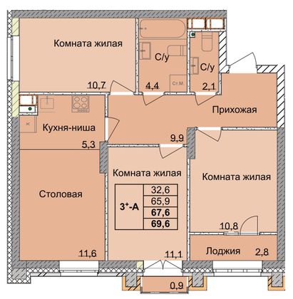 Продажа 3-комнатной квартиры 67,6 м², 15/18 этаж