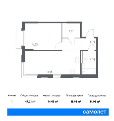 47,2 м², 1-комн. квартира, 8/16 этаж