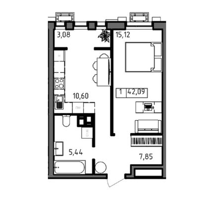 Продажа 1-комнатной квартиры 42,1 м², 21/23 этаж