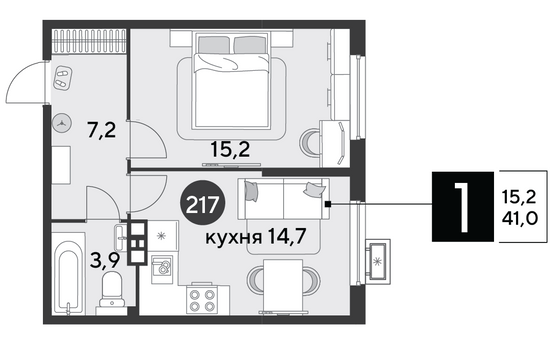 Продажа 1-комнатной квартиры 41 м², 7/9 этаж