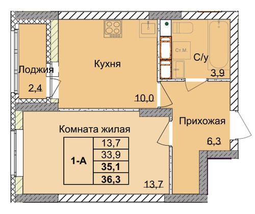 Продажа 1-комнатной квартиры 35,1 м², 9/18 этаж