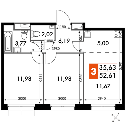 52,6 м², 3-комн. квартира, 3/15 этаж