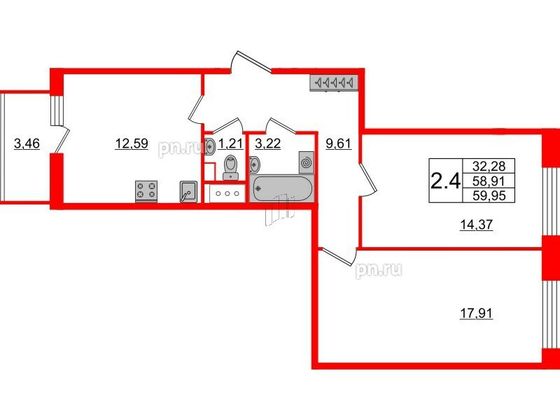 Продажа 2-комнатной квартиры 58,9 м², 2/12 этаж