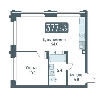 45,8 м², 2-комн. квартира, 2/24 этаж