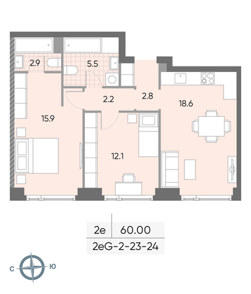Продажа 2-комнатной квартиры 60 м², 24/52 этаж
