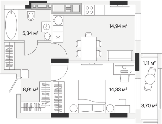 44,6 м², 1-комн. квартира, 1/7 этаж