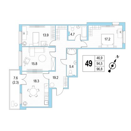 Продажа 3-комнатной квартиры 96,8 м², 4/4 этаж