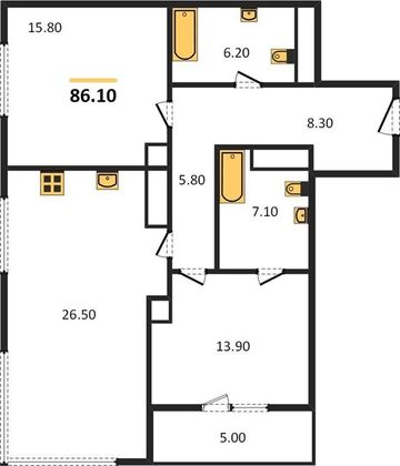 Продажа 2-комнатной квартиры 86,1 м², 24/28 этаж