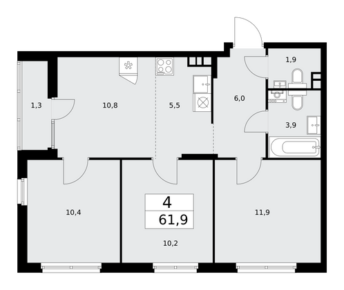 61,9 м², 4-комн. квартира, 13/15 этаж