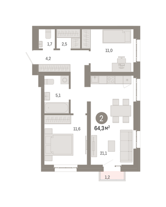 64,4 м², 2-комн. квартира, 10/16 этаж