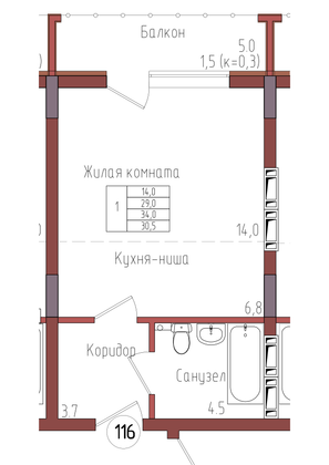 30,5 м², 1-комн. квартира, 6/9 этаж