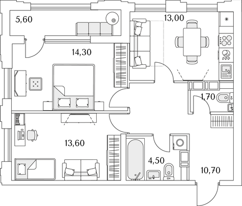 60,6 м², 2-комн. квартира, 2/13 этаж